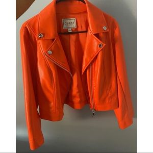 Pumpkin Orange Vegan Leather Moto Jacket by GUESS; Size Large